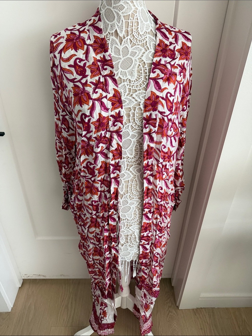 Floral Open-Front Kimono Cardigan - White with Pink & Orange